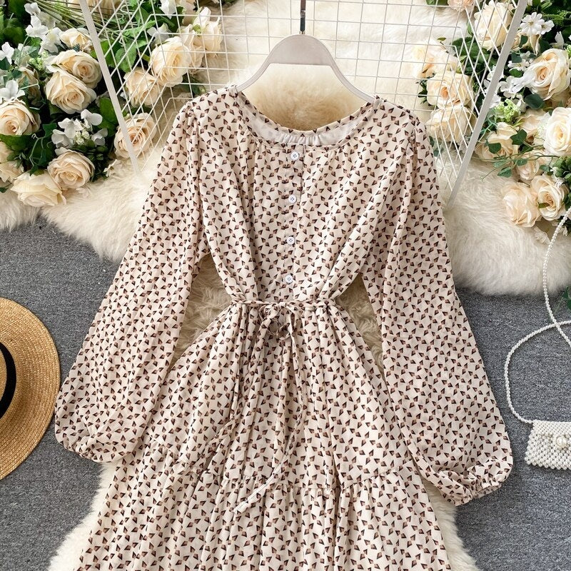 Elegant O Neck Lace Up A-Line Floral Dresses