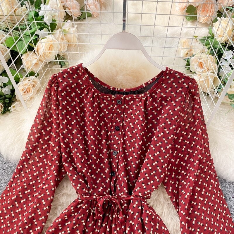 Elegant O Neck Lace Up A-Line Floral Dresses
