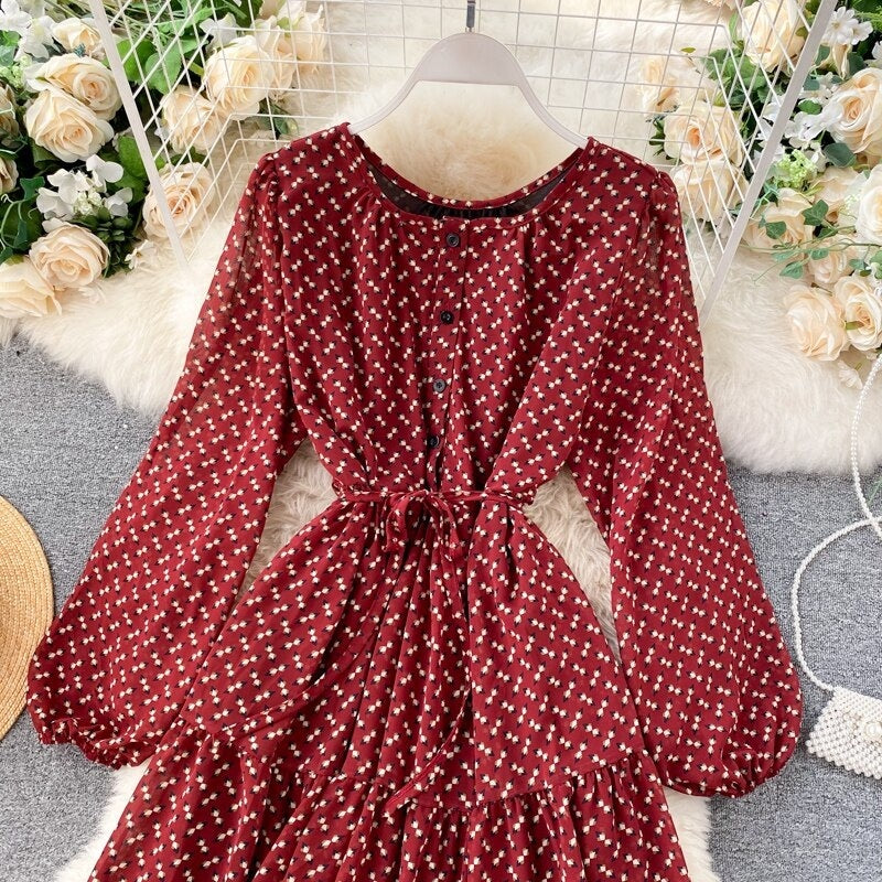 Elegant O Neck Lace Up A-Line Floral Dresses