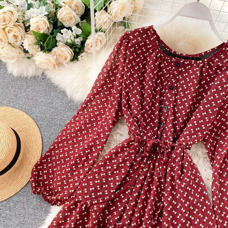Elegant O Neck Lace Up A-Line Floral Dresses