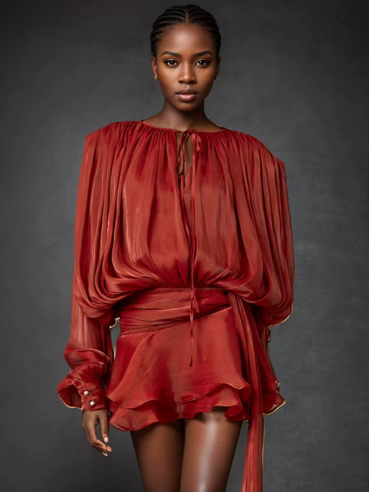Elegant O-Neck Lace-up High Waist Folds Draped Ruffles Mini Dress