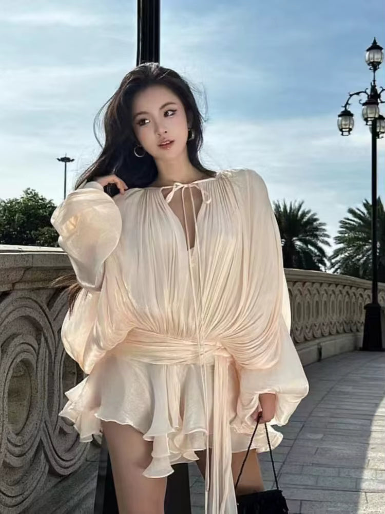 Elegant O-Neck Lace-up High Waist Folds Draped Ruffles Mini Dress