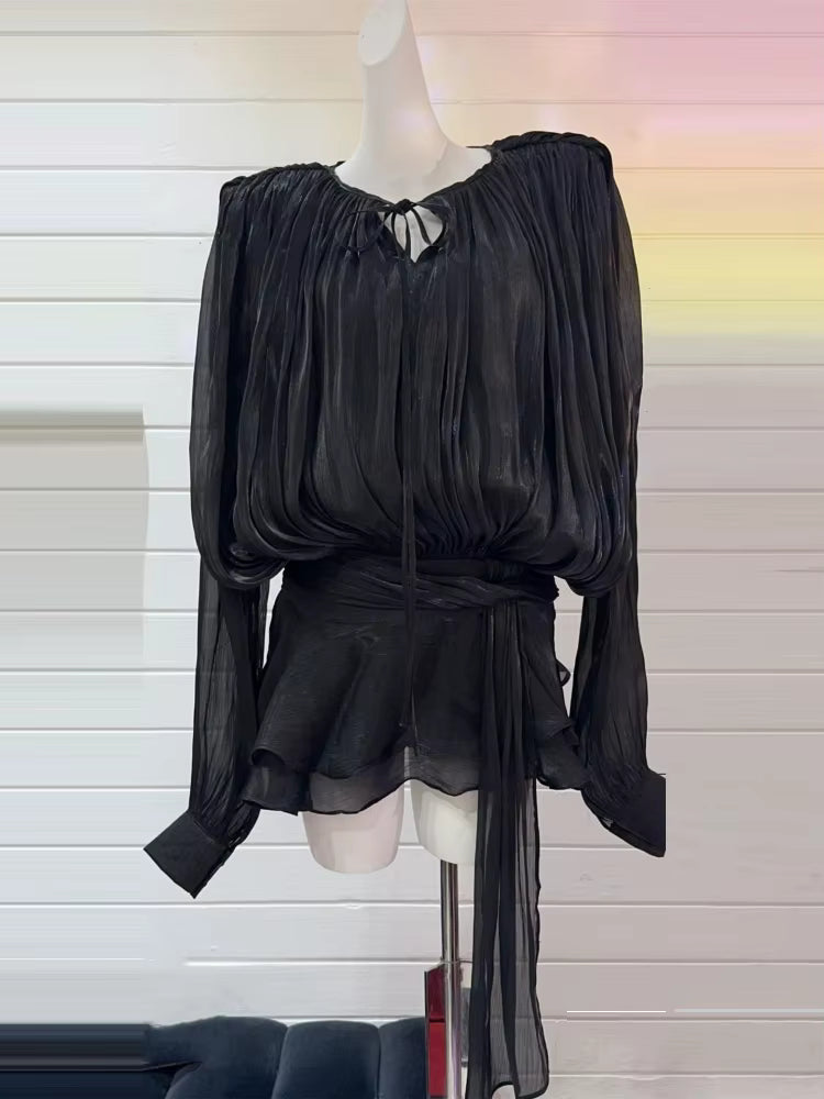 Elegant O-Neck Lace-up High Waist Folds Draped Ruffles Mini Dress