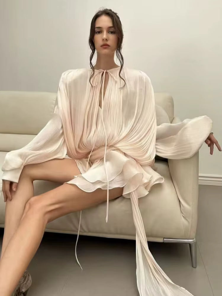 Elegant O-Neck Lace-up High Waist Folds Draped Ruffles Mini Dress