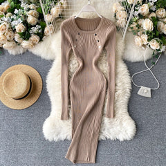 Elegant O Neck Long Sleeve Elastic Bodycon Slim Pencil Dresses