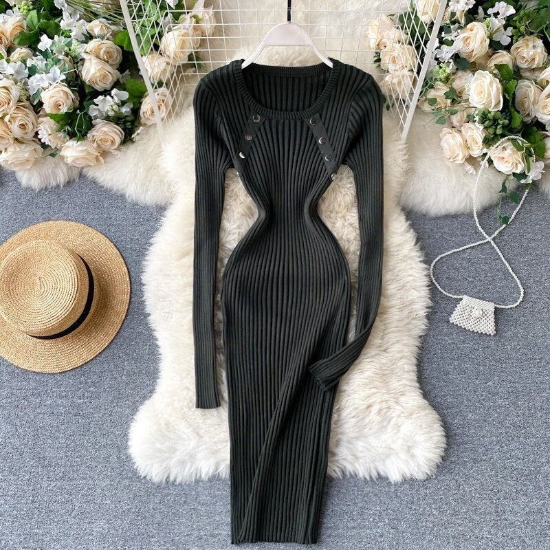Elegant O Neck Long Sleeve Elastic Bodycon Slim Pencil Dresses