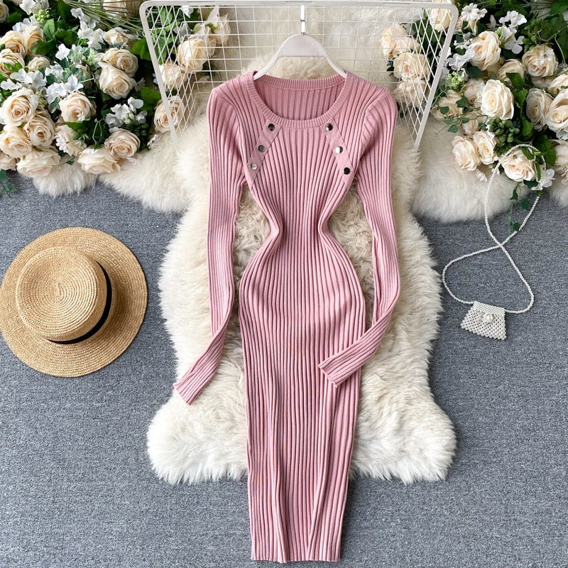 Elegant O Neck Long Sleeve Elastic Bodycon Slim Pencil Dresses
