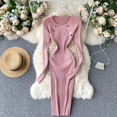 Elegant O Neck Long Sleeve Elastic Bodycon Slim Pencil Dresses