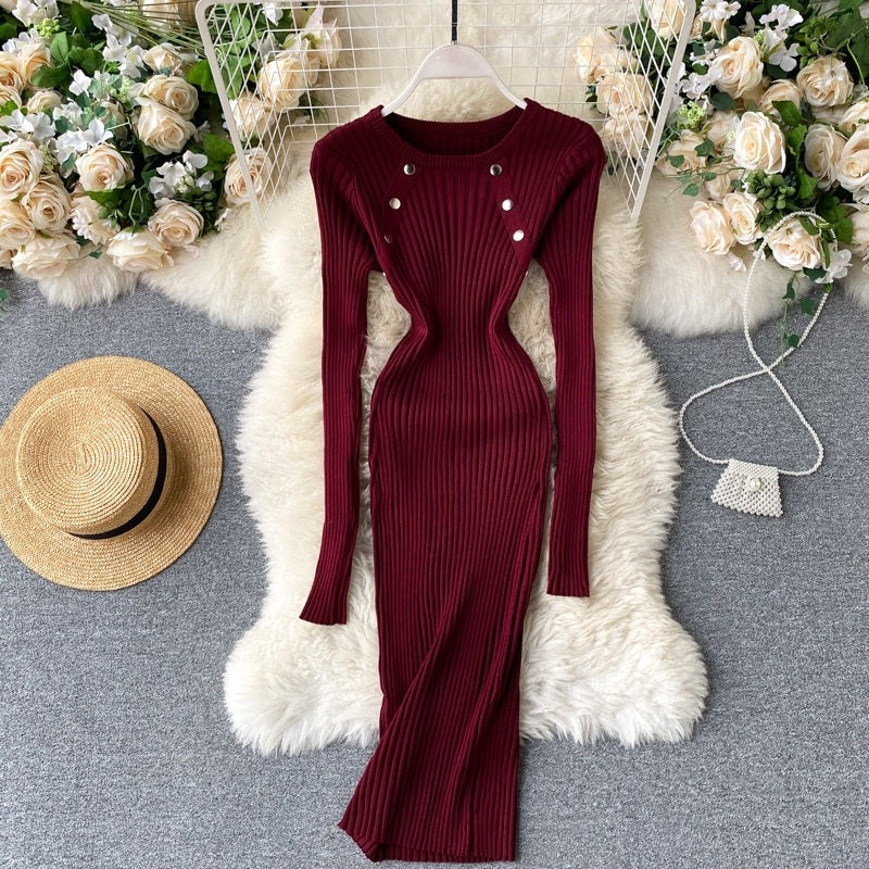 Elegant O Neck Long Sleeve Elastic Bodycon Slim Pencil Dresses