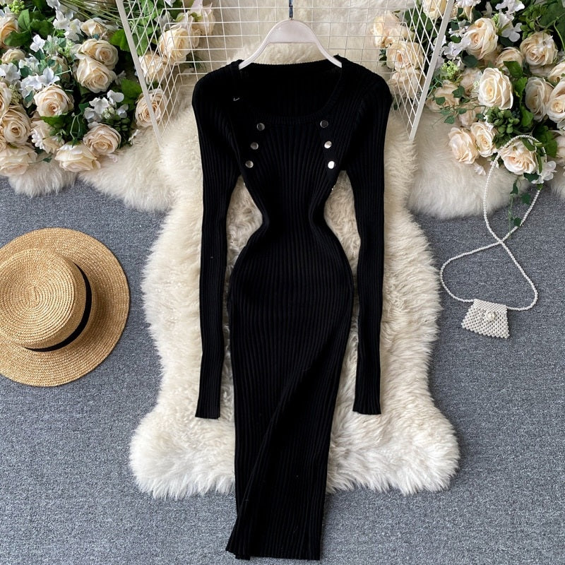 Elegant O Neck Long Sleeve Elastic Bodycon Slim Pencil Dresses