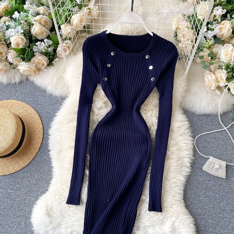 Elegant O Neck Long Sleeve Elastic Bodycon Slim Pencil Dresses