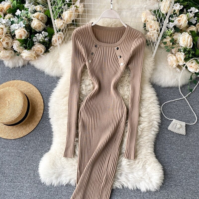 Elegant O Neck Long Sleeve Elastic Bodycon Slim Pencil Dresses