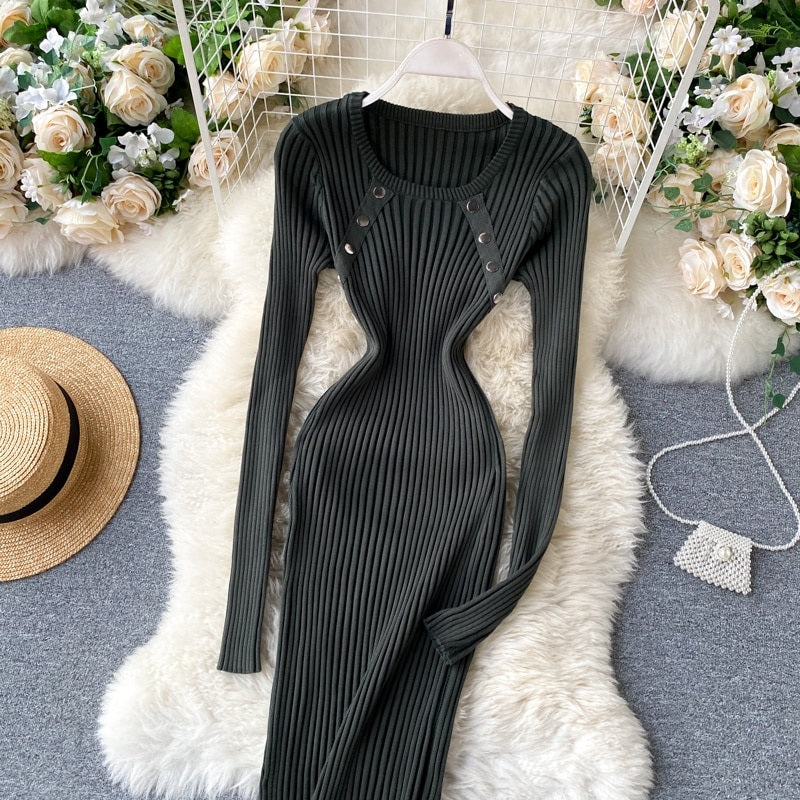 Elegant O Neck Long Sleeve Elastic Bodycon Slim Pencil Dresses