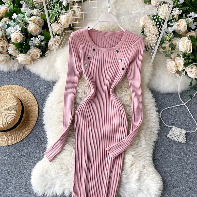 Elegant O Neck Long Sleeve Elastic Bodycon Slim Pencil Dresses