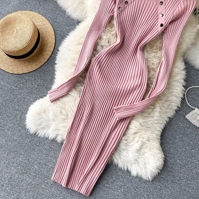 Elegant O Neck Long Sleeve Elastic Bodycon Slim Pencil Dresses