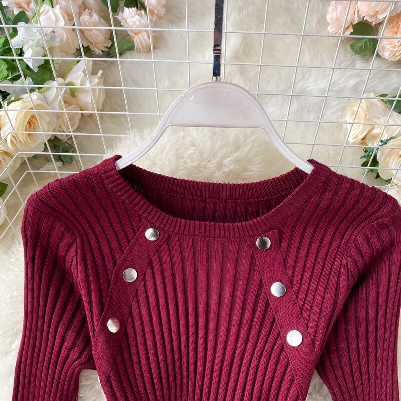 Elegant O Neck Long Sleeve Elastic Bodycon Slim Pencil Dresses