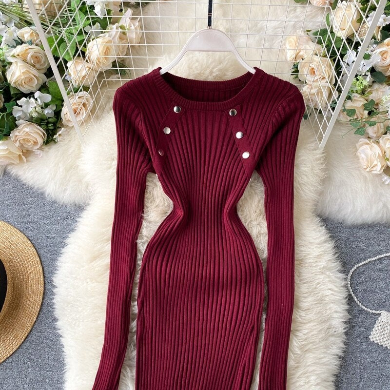 Elegant O Neck Long Sleeve Elastic Bodycon Slim Pencil Dresses