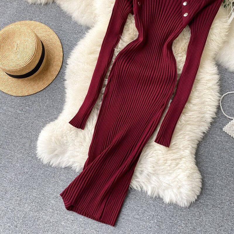 Elegant O Neck Long Sleeve Elastic Bodycon Slim Pencil Dresses