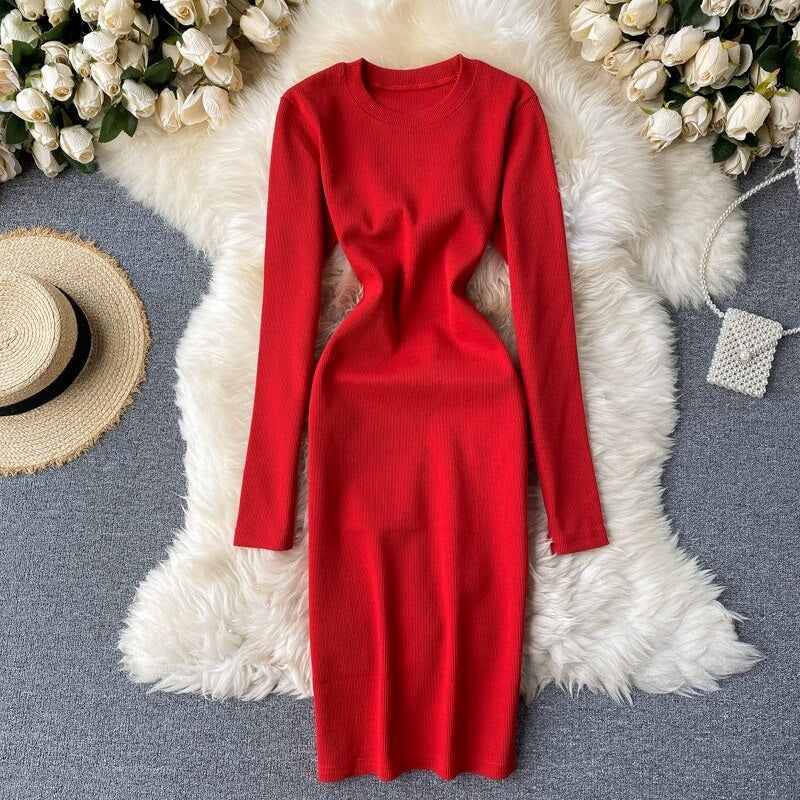Elegant O Neck Long Sleeve Solid Pencil  Knitted Bodycon Sweater Dresses