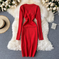 Elegant O Neck Long Sleeve Solid Pencil  Knitted Bodycon Sweater Dresses