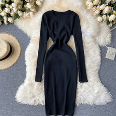 Elegant O Neck Long Sleeve Solid Pencil  Knitted Bodycon Sweater Dresses