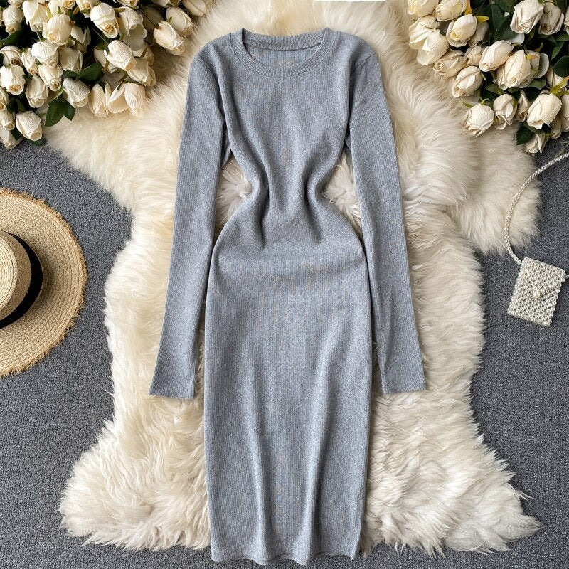 Elegant O Neck Long Sleeve Solid Pencil  Knitted Bodycon Sweater Dresses