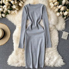 Elegant O Neck Long Sleeve Solid Pencil  Knitted Bodycon Sweater Dresses