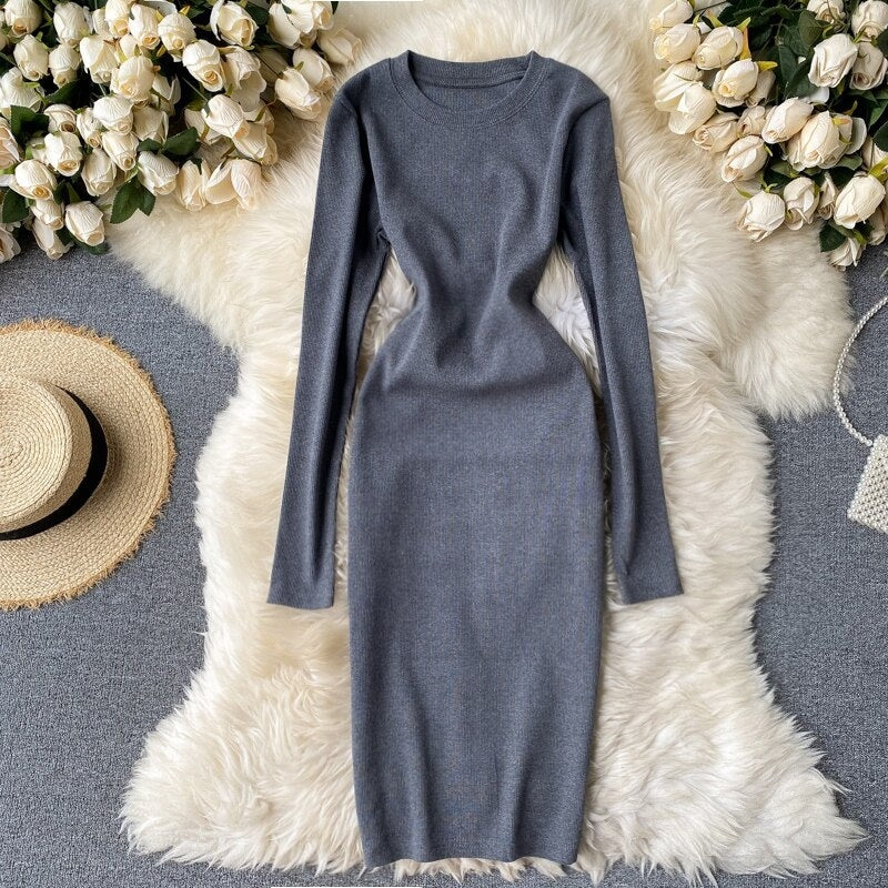 Elegant O Neck Long Sleeve Solid Pencil  Knitted Bodycon Sweater Dresses