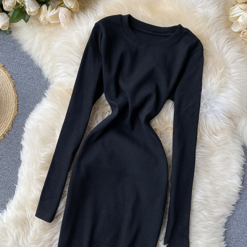 Elegant O Neck Long Sleeve Solid Pencil  Knitted Bodycon Sweater Dresses