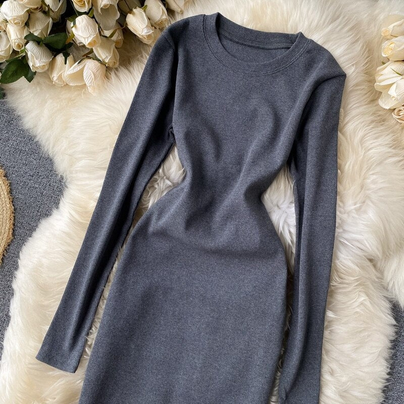 Elegant O Neck Long Sleeve Solid Pencil  Knitted Bodycon Sweater Dresses