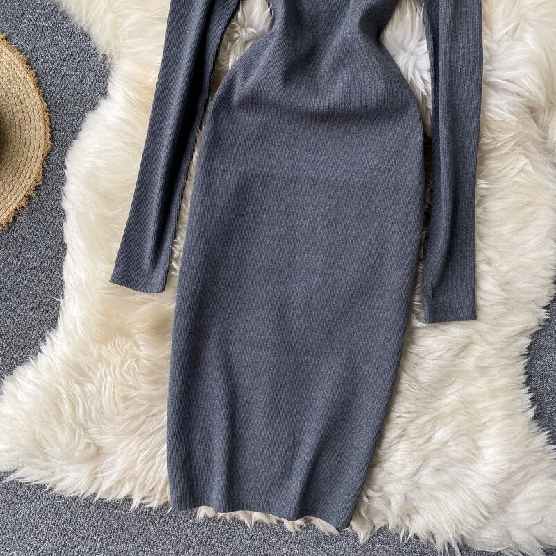 Elegant O Neck Long Sleeve Solid Pencil  Knitted Bodycon Sweater Dresses