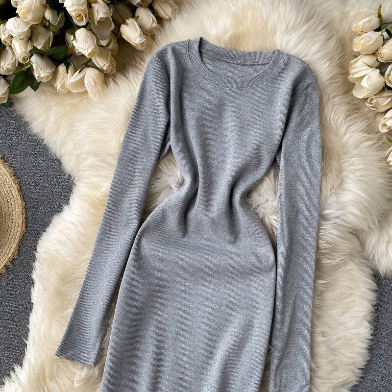 Elegant O Neck Long Sleeve Solid Pencil  Knitted Bodycon Sweater Dresses