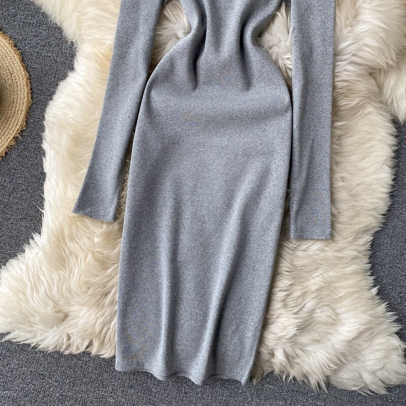 Elegant O Neck Long Sleeve Solid Pencil  Knitted Bodycon Sweater Dresses