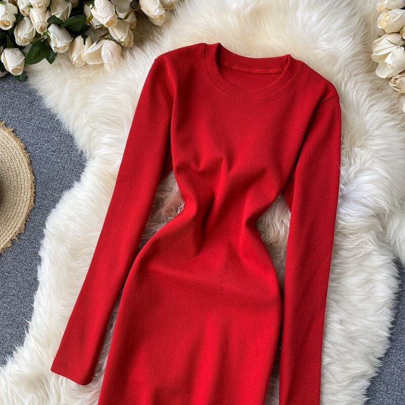 Elegant O Neck Long Sleeve Solid Pencil  Knitted Bodycon Sweater Dresses
