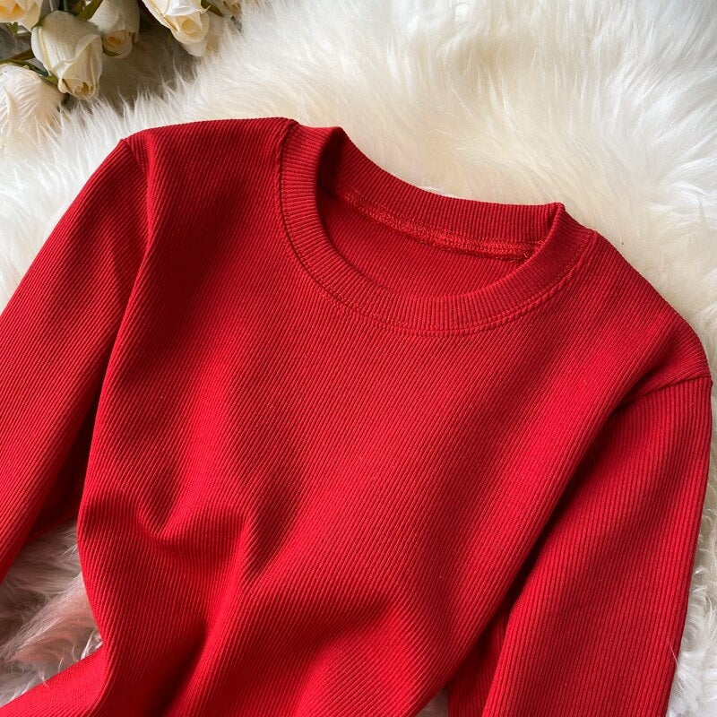Elegant O Neck Long Sleeve Solid Pencil  Knitted Bodycon Sweater Dresses