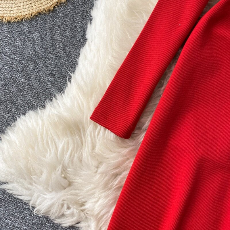 Elegant O Neck Long Sleeve Solid Pencil  Knitted Bodycon Sweater Dresses