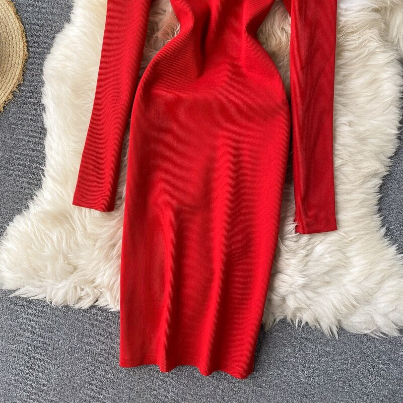 Elegant O Neck Long Sleeve Solid Pencil  Knitted Bodycon Sweater Dresses