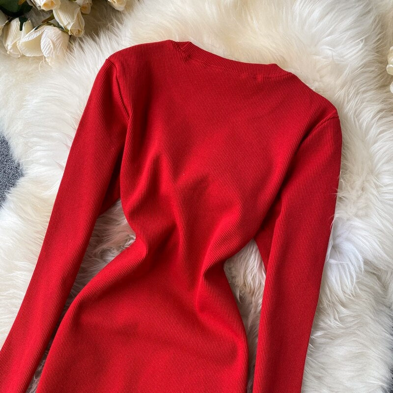 Elegant O Neck Long Sleeve Solid Pencil  Knitted Bodycon Sweater Dresses