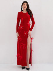 Elegant O-Neck Long Sleeved 3D Flower High Slit Maxi Dress