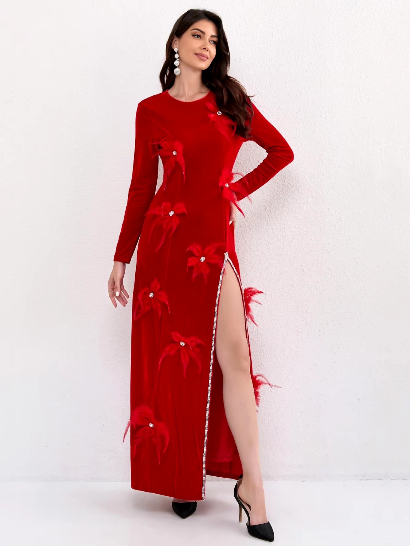 Elegant O-Neck Long Sleeved 3D Flower High Slit Maxi Dress