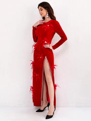 Elegant O-Neck Long Sleeved 3D Flower High Slit Maxi Dress