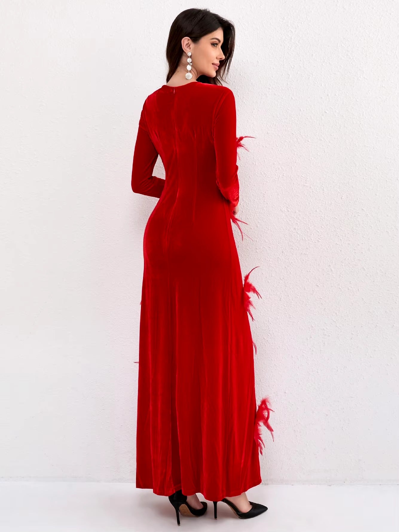 Elegant O-Neck Long Sleeved 3D Flower High Slit Maxi Dress
