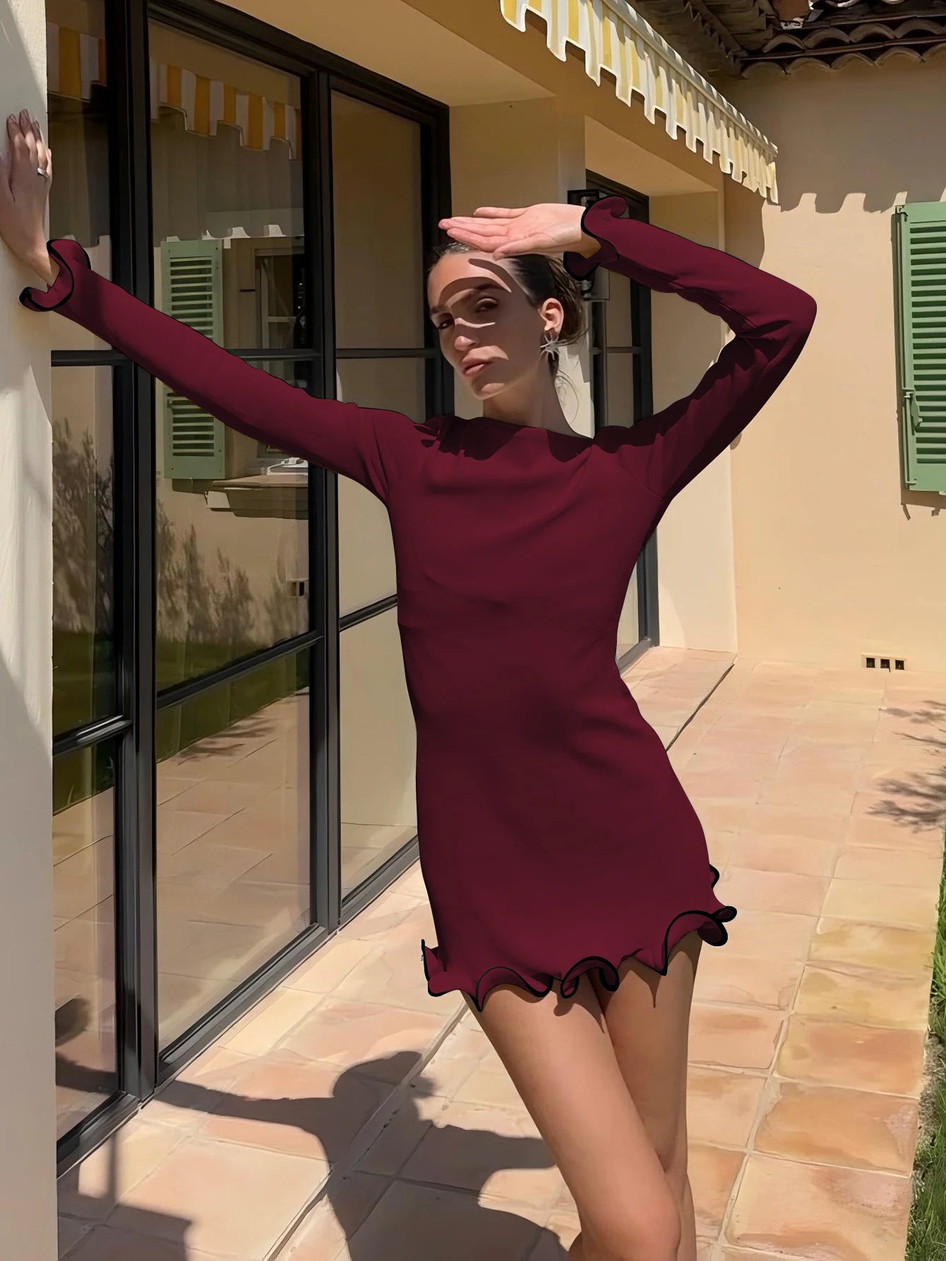 Elegant O-Neck Long Sleeves Ruffles Patchwork Bodycon Mini Dress