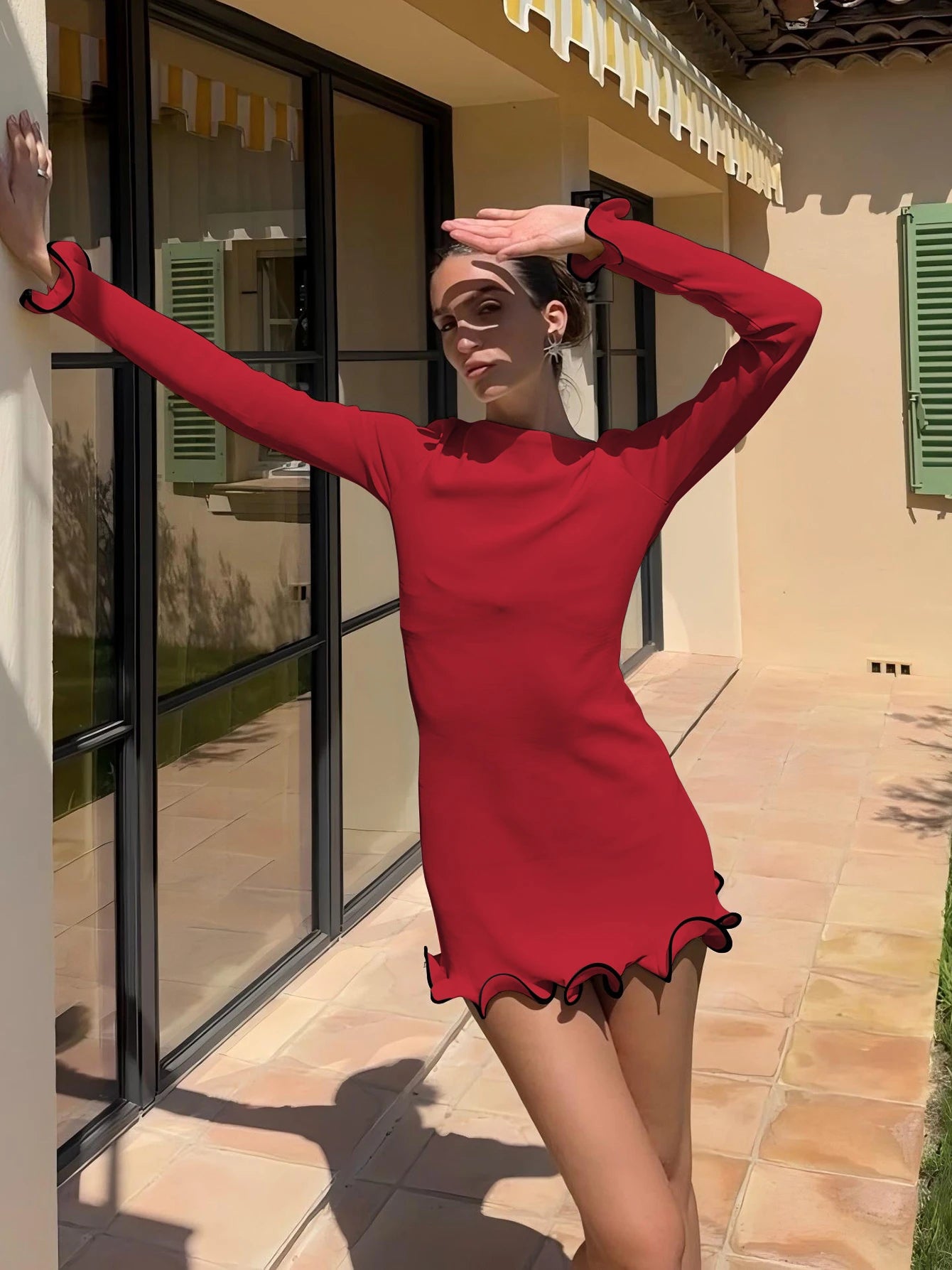 Elegant O-Neck Long Sleeves Ruffles Patchwork Bodycon Mini Dress