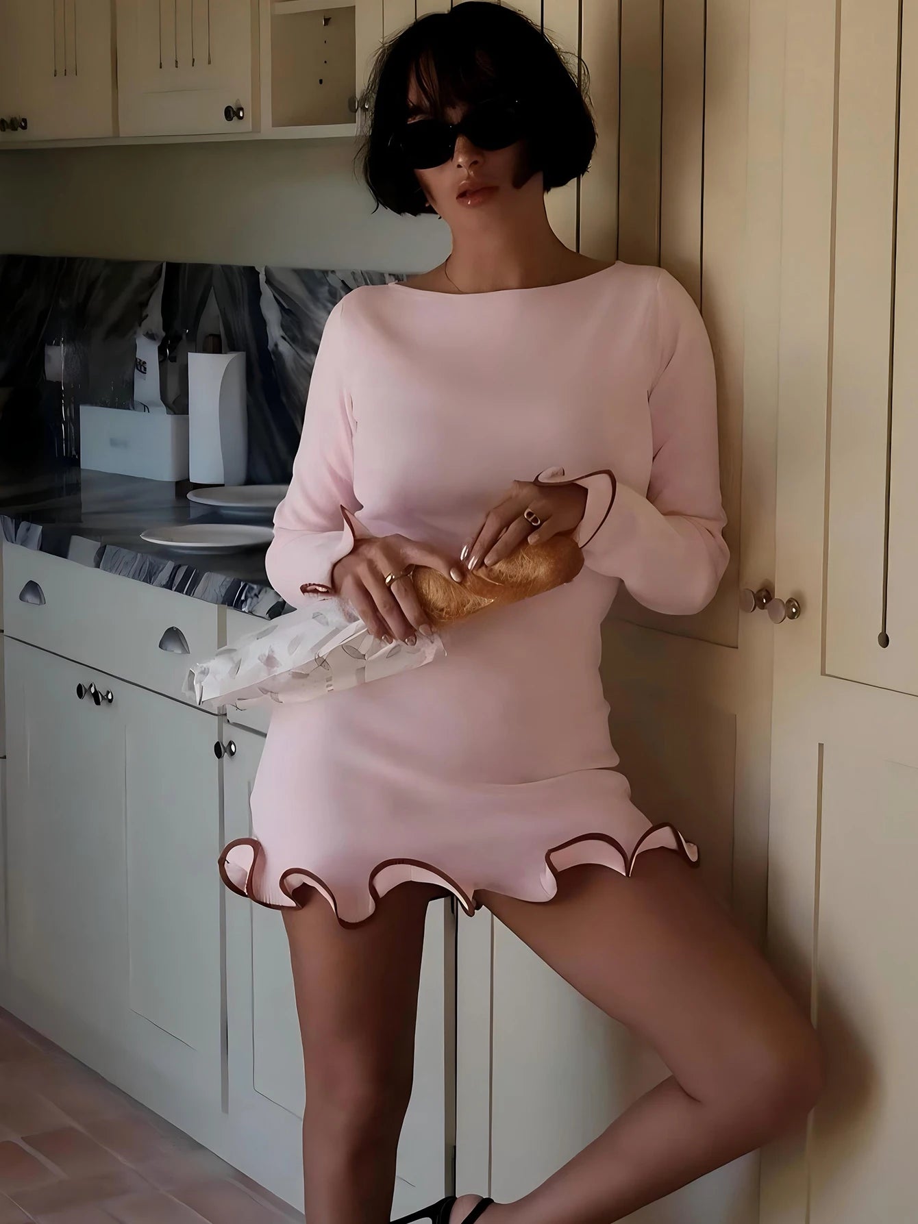 Elegant O-Neck Long Sleeves Ruffles Patchwork Bodycon Mini Dress
