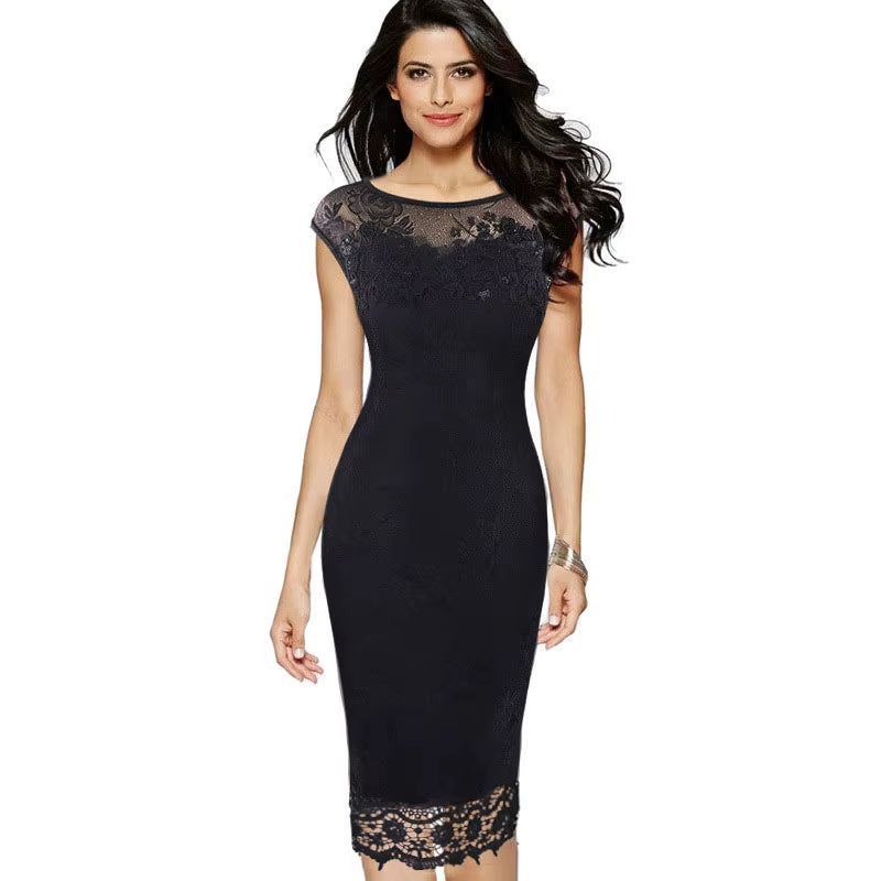 Elegant O-Neck Office Work Lace Slim Sheath Chiffon Dress