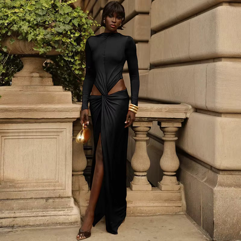 Elegant O-Neck Pleat Hollow Full Sleeve Stretch Bandage Bodycon Maxi Dress