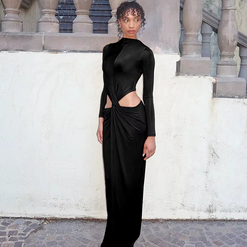 Elegant O-Neck Pleat Hollow Full Sleeve Stretch Bandage Bodycon Maxi Dress