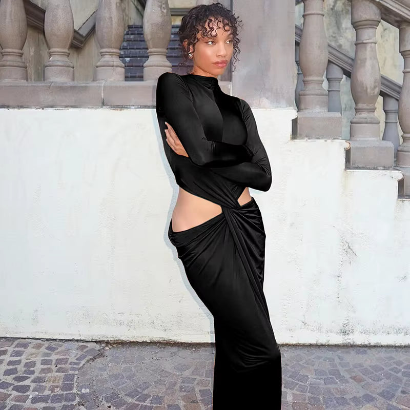 Elegant O-Neck Pleat Hollow Full Sleeve Stretch Bandage Bodycon Maxi Dress