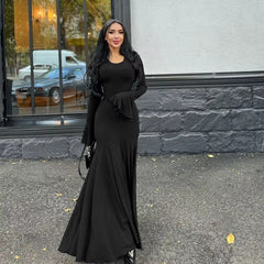 Elegant O-Neck Pleated Flared Sleeves Fishtail Maxi Dress
